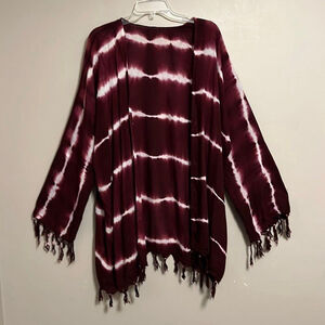 Burgundy & White Boho Fringe Tie Dyed Wrap Cardigan Kimono OS Vampires Gauzy